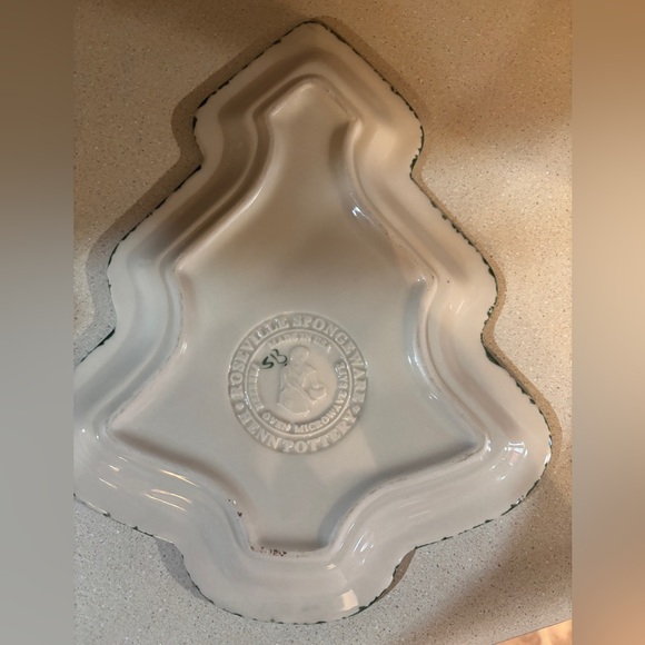 Roseville Spongeware Green and White Holiday Tree-Shaped Platter - Picture 3 of 3